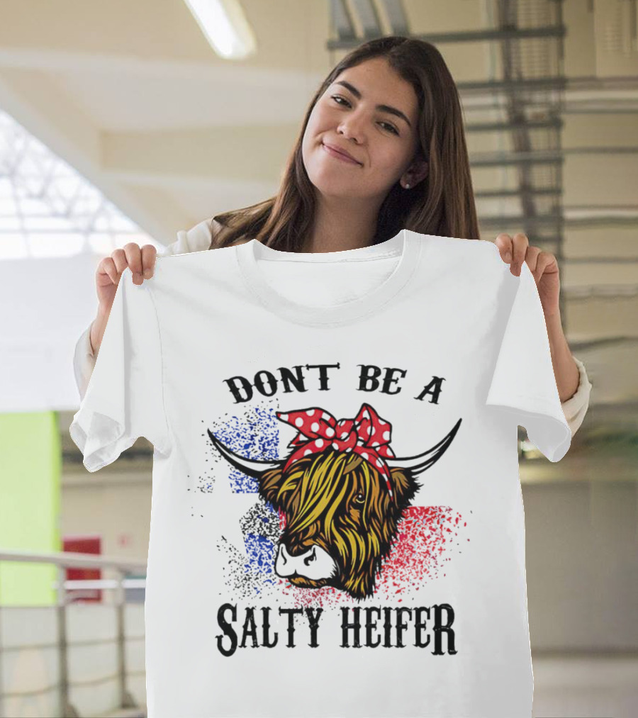 Don't Be A Salty Heifer Highland Cow With American Flag Colors T-Shirt
