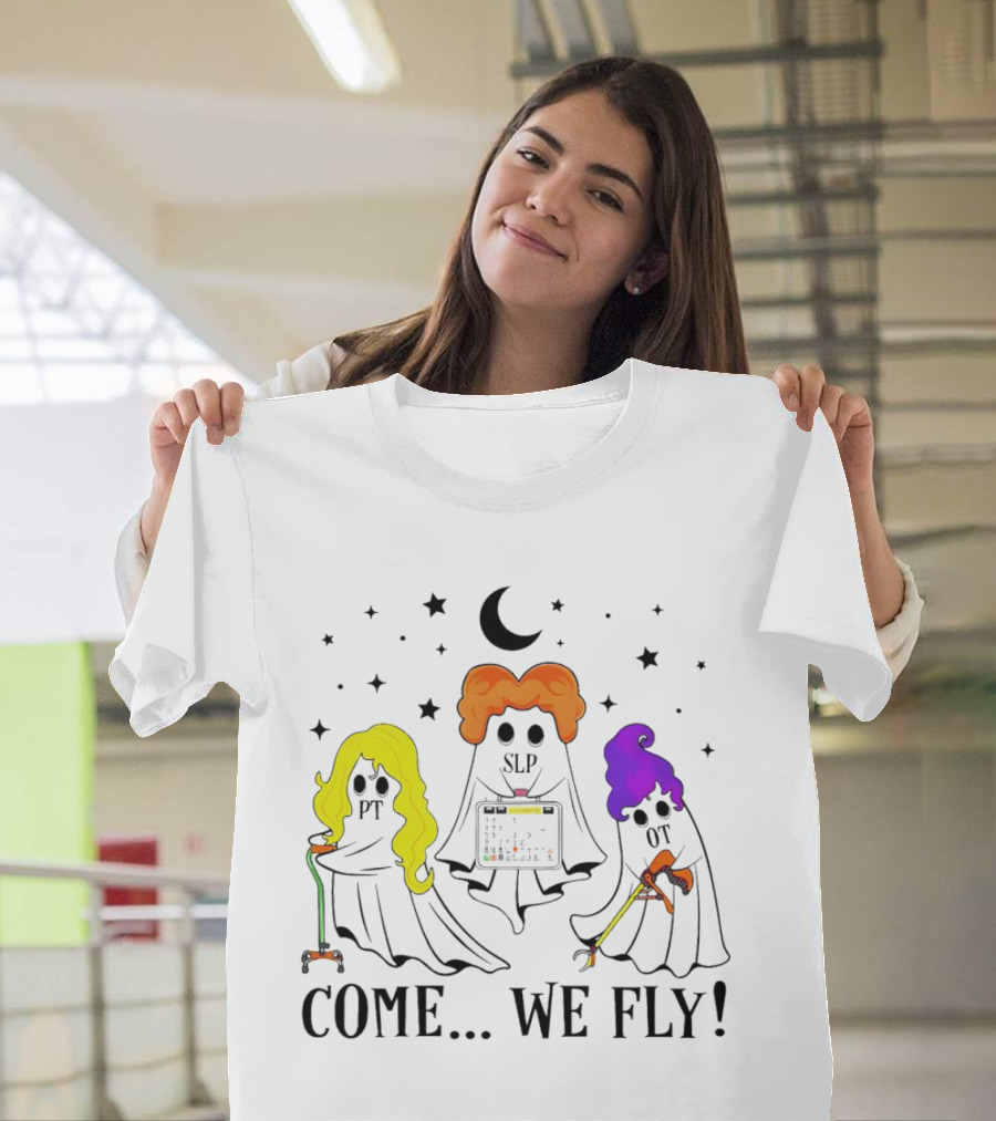 Hocus Pocus Come We Fly PT SLP OT Halloween Ghosts Black Cloaks Moon Stars T-Shirt