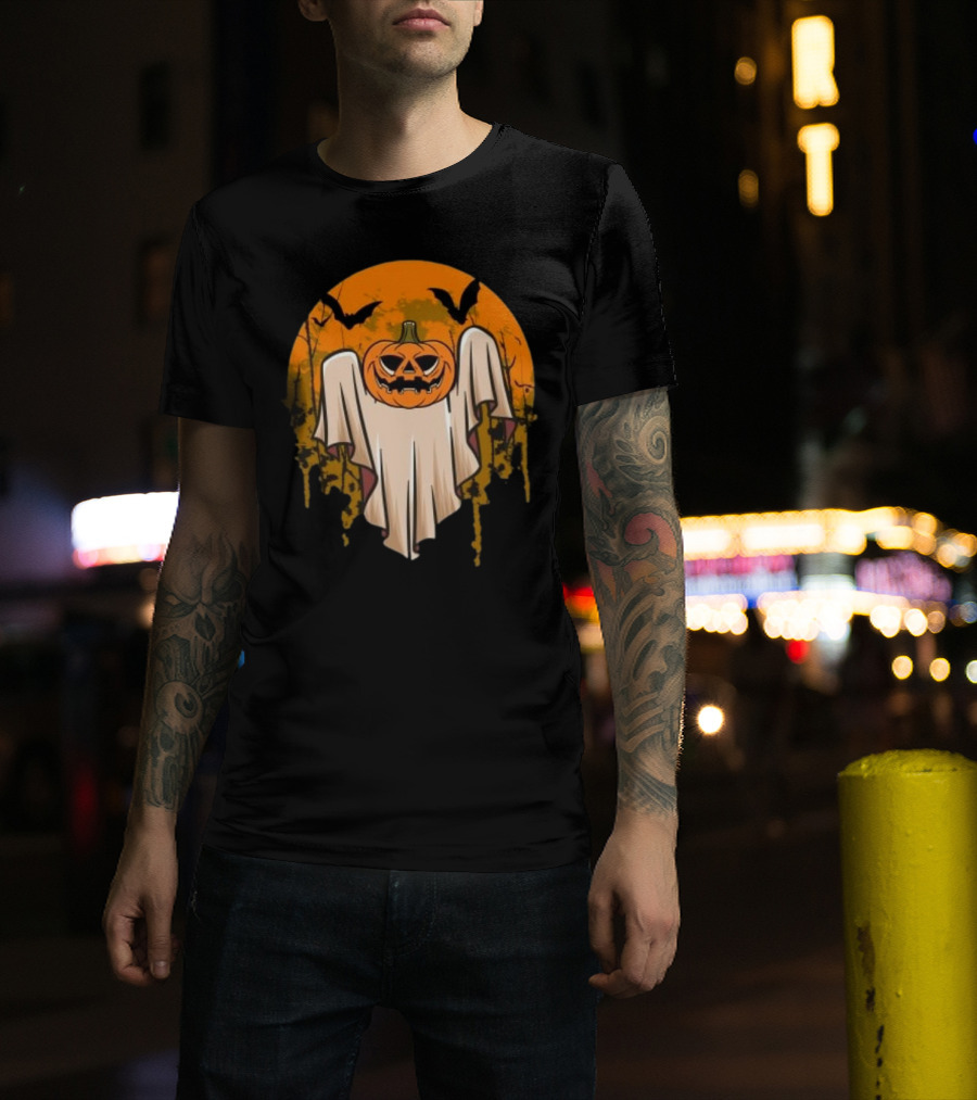 Ghostly Pumpkin Head With Bats And Full Moon T-Shirt