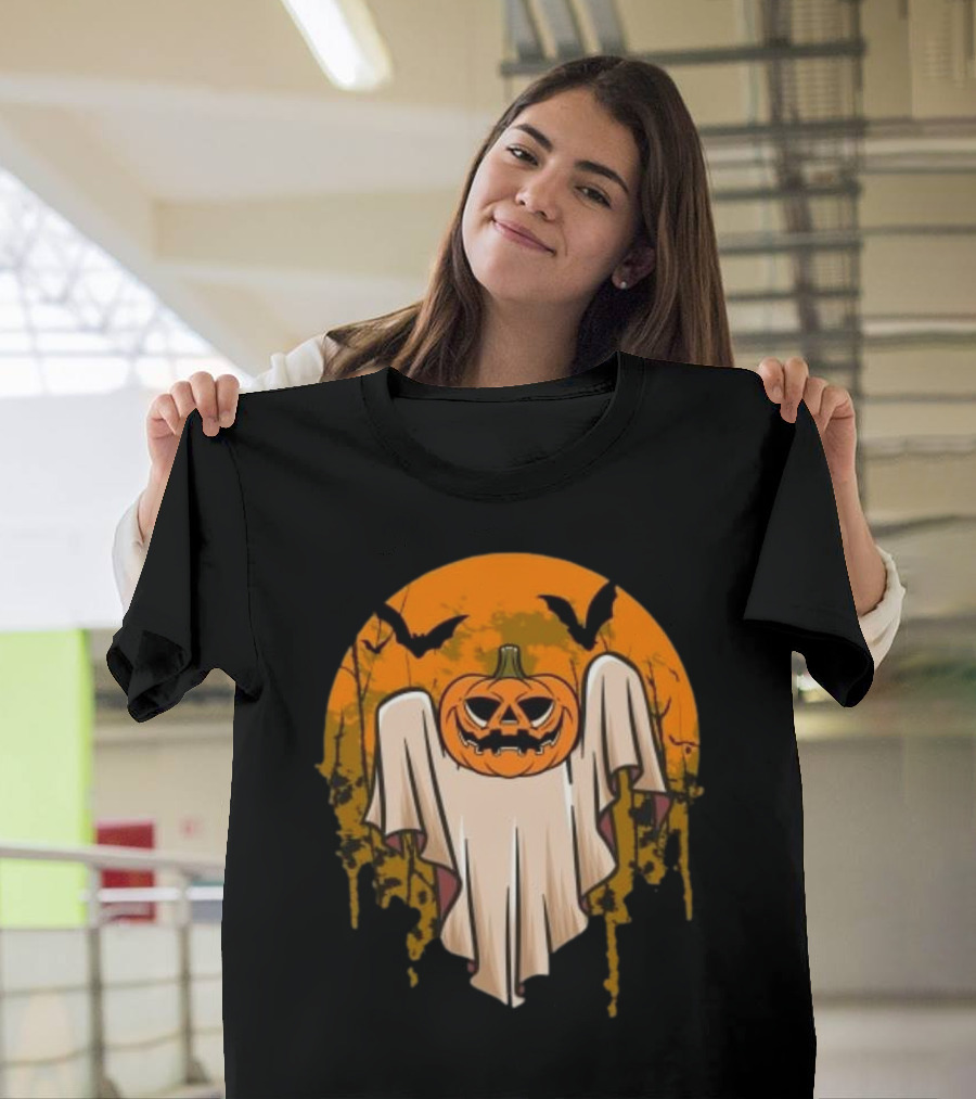 Ghostly Pumpkin Head With Bats And Full Moon T-Shirt