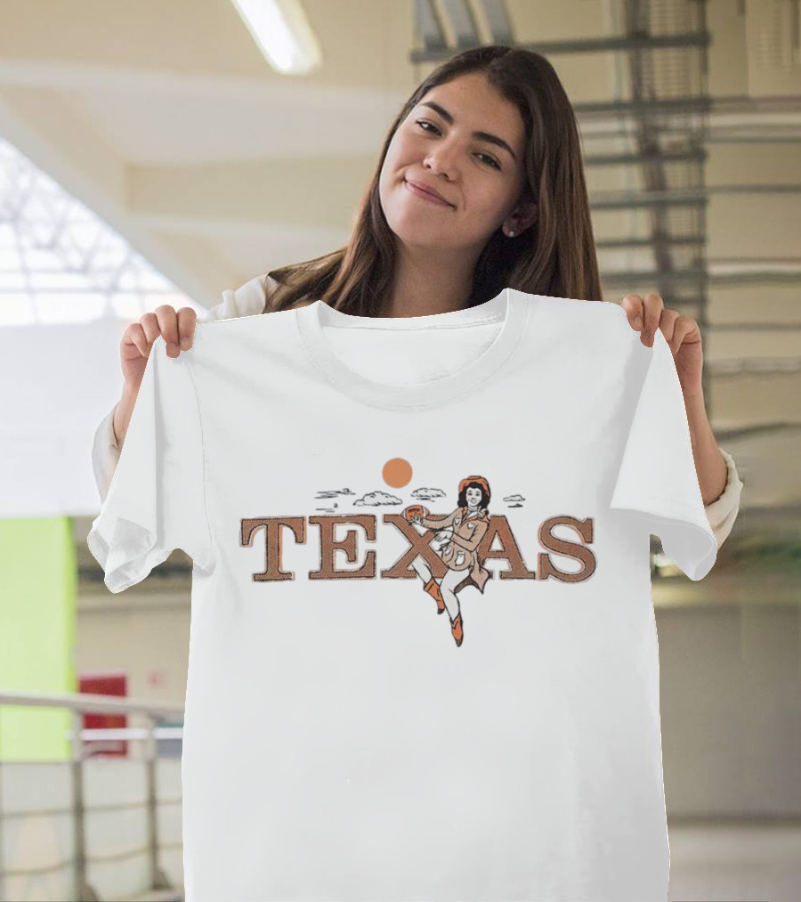 Texas Cowgirl Orange Sunset Clouds and Rodeo Boots T-Shirt