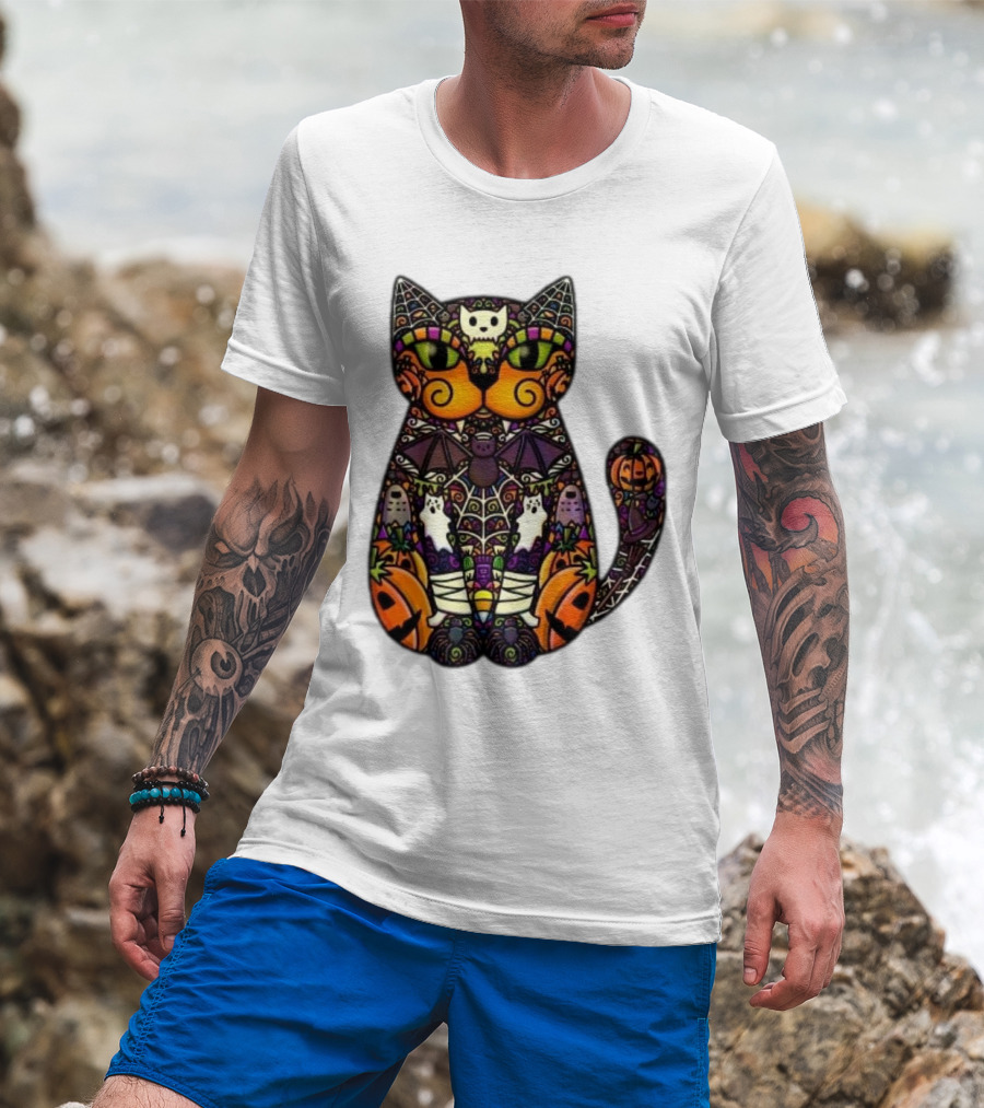 Halloween Cat With Pumpkins Ghosts And Bats T-Shirt