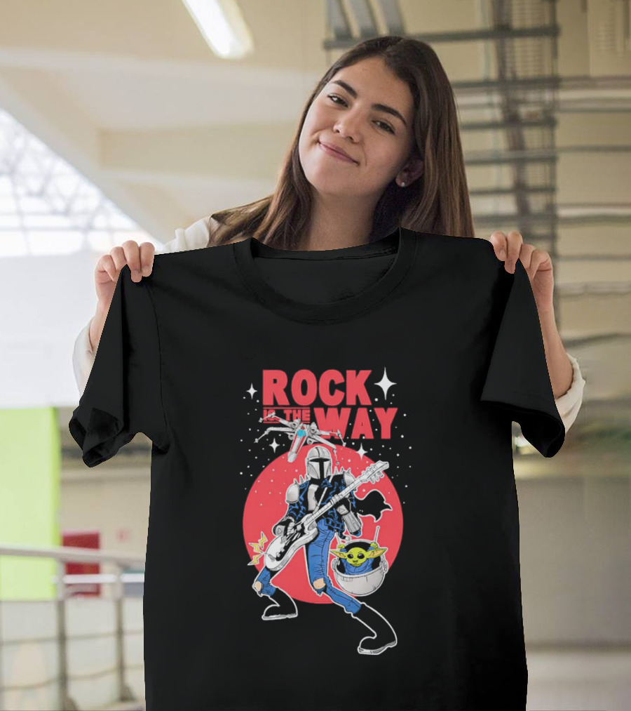 Rock Is The Way Din Djarin And Grogu Playing Guitar In Front Of Red Moon T-Shirt