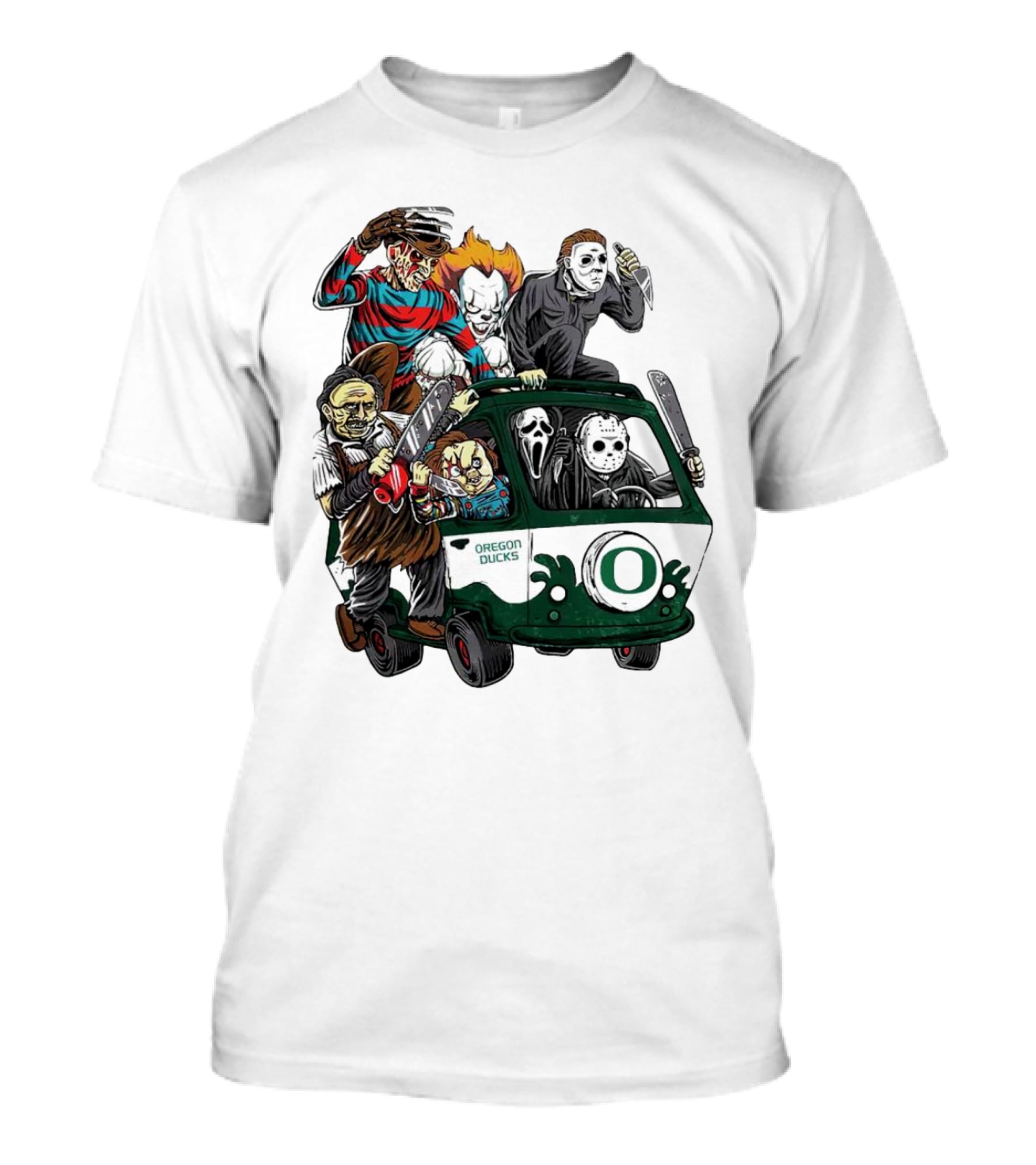 Oregon Ducks Horror Characters Bus Halloween Freddy Jason Michael Myers Pennywise Mask T-Shirt