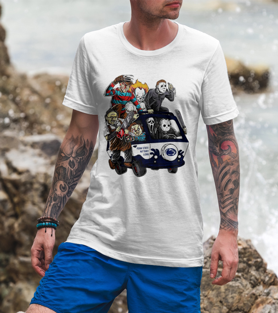 Penn State Nittany Lions Horror Movie Characters Halloween Bus T-Shirt