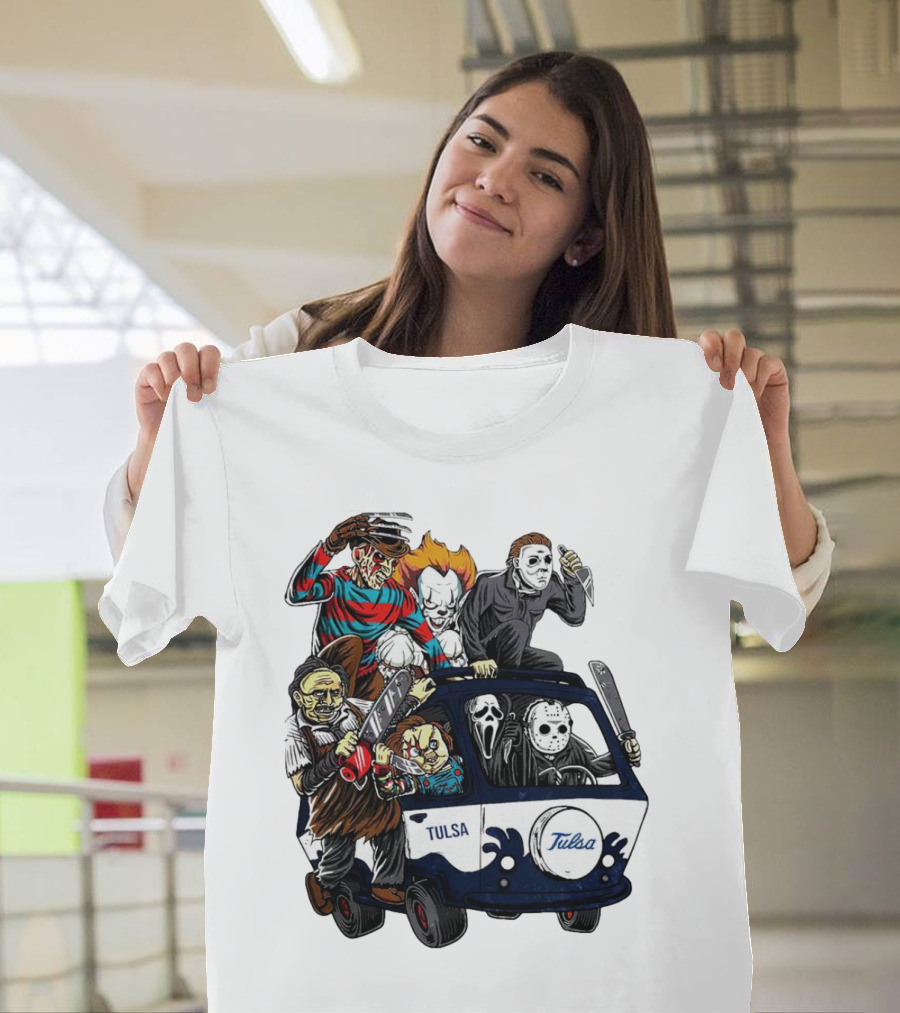 Tulsa Golden Hurricane Halloween Horror Characters Bus T-Shirt
