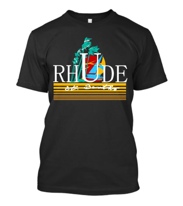 Rhude St Barths Vibrant Tropical Sailboat And Palm Trees T-Shirt