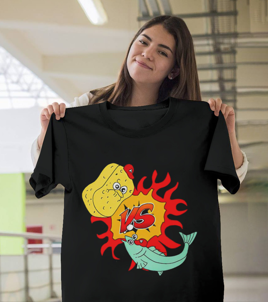 Sponge vs Fish Cartoon Showdown with Flames T-Shirt
