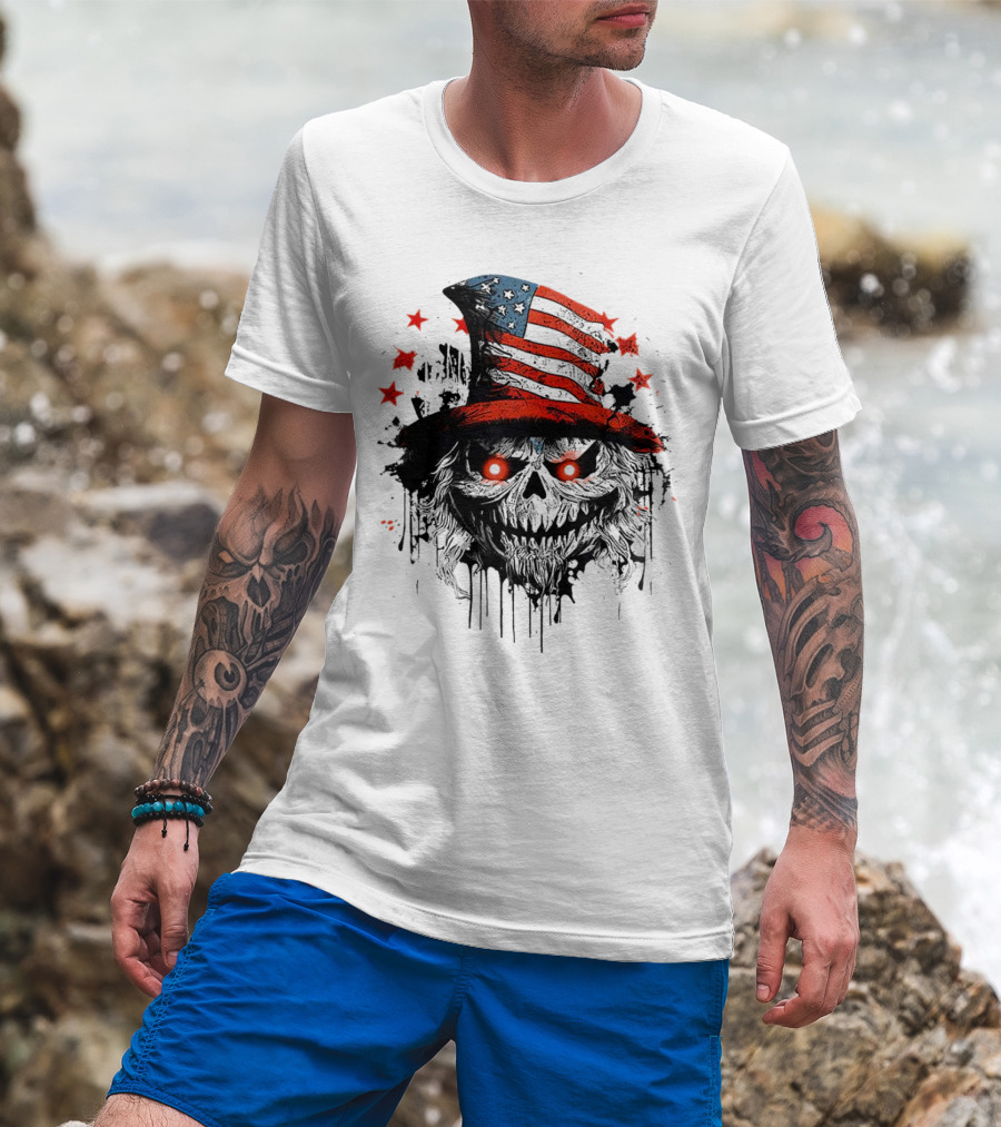 Creepy Uncle Sam Skeleton Skull Hat Dripping Red Eyes Halloween T-Shirt