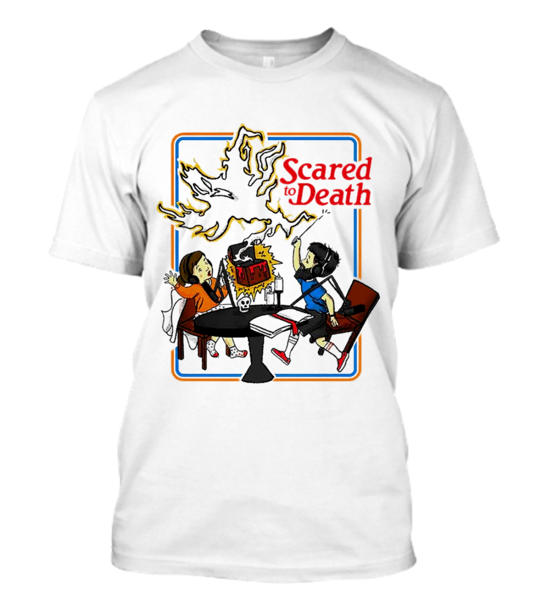 Scared To Death Podcast Horror Theme Two Hosts With Headphones Ghostly Flames T-Shirt