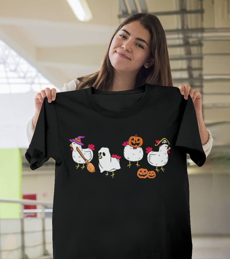 Halloween Chickens In Costumes With Pumpkins T-Shirt