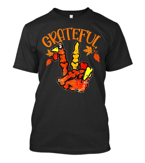 Grateful Thanksgiving Turkey Peace Hand Sign With Autumn Leaves T-Shirt