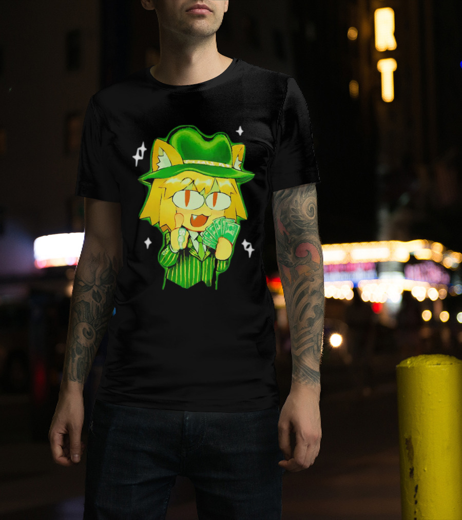 Sunny Waifu Gangster Neco-Arc Anime Cat Character With Money And Green Hat T-Shirt