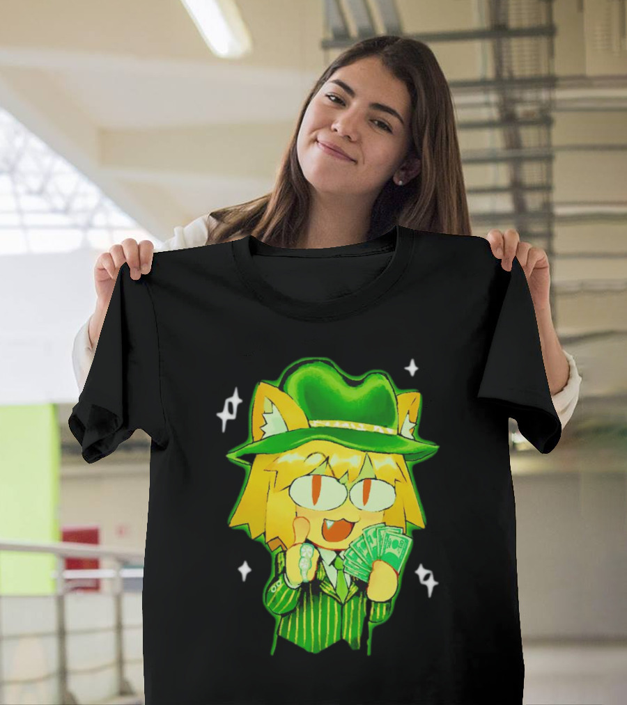 Sunny Waifu Gangster Neco-Arc Anime Cat Character with Money and Green Hat T-Shirt