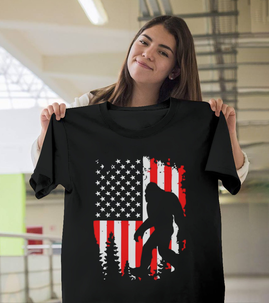 Bigfoot Silhouette With American Flag Background T-Shirt