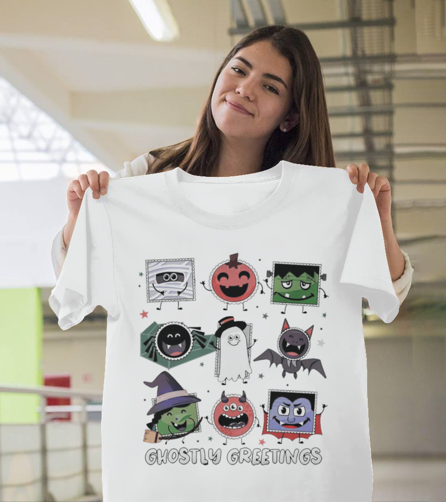 Ghostly Greetings with Halloween Monster Faces and Characters T-Shirt