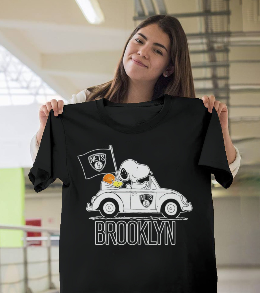 Brooklyn Nets Snoopy Driving Car With Basketball And Flag T-Shirt