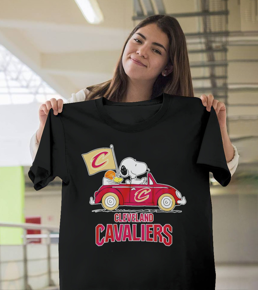 Cleveland Cavaliers Snoopy Driving Car With Basketball And Flag T-Shirt