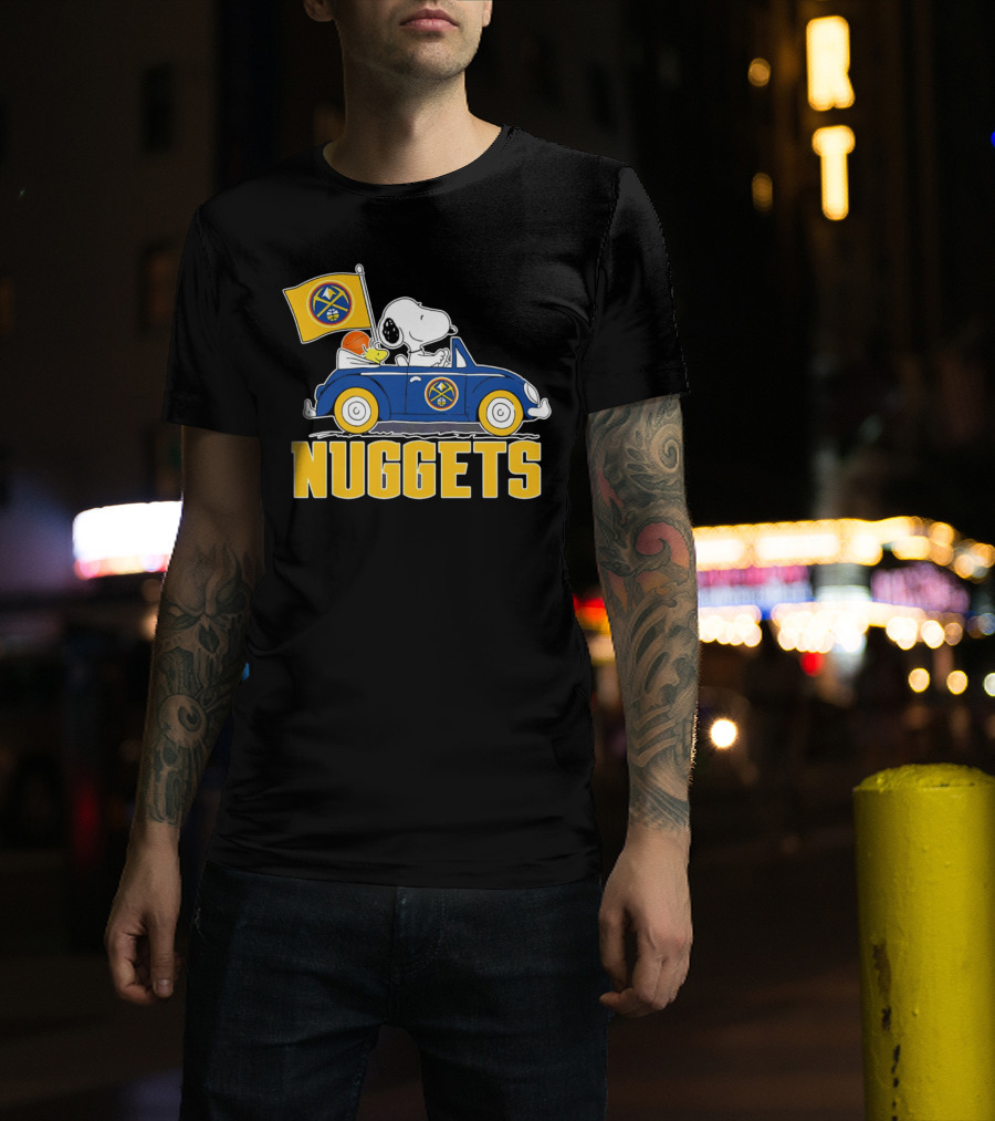 Denver Nuggets Snoopy Driving Car With Basketball Flag T-Shirt