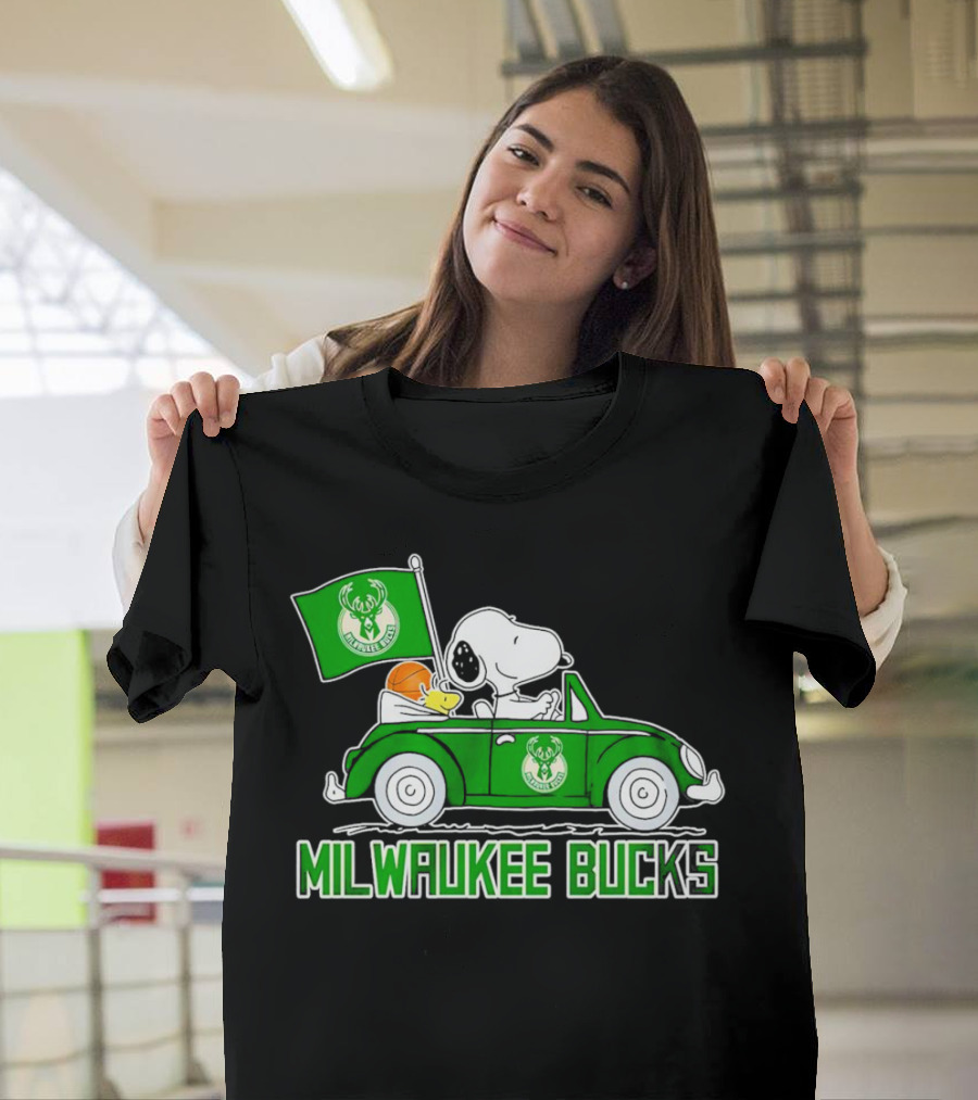 Milwaukee Bucks Snoopy Driving Car with Basketball and Team Flag T-Shirt