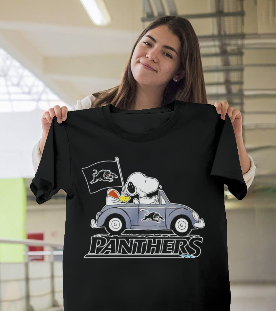 Snoopy Driving Volkswagen with Panthers Football Flag Peanuts T-Shirt