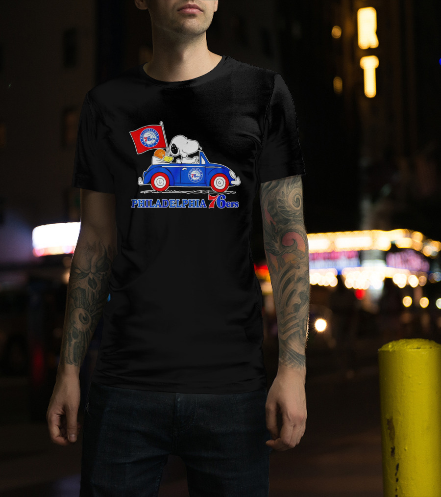 Philadelphia 76ers Snoopy Driving Car With Basketball And Flag T-Shirt