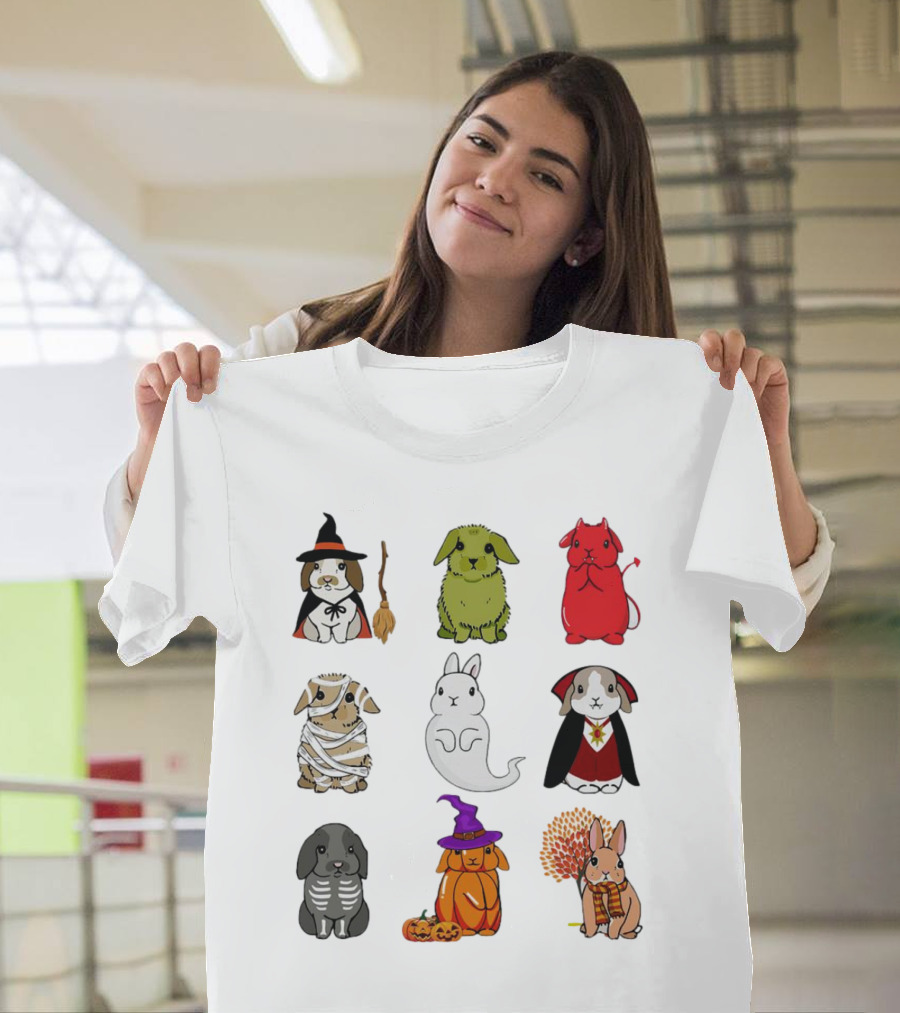 Bunny Witch Mummy Ghost Vampire Skeleton Pumpkin Bat Cute Halloween T-Shirt