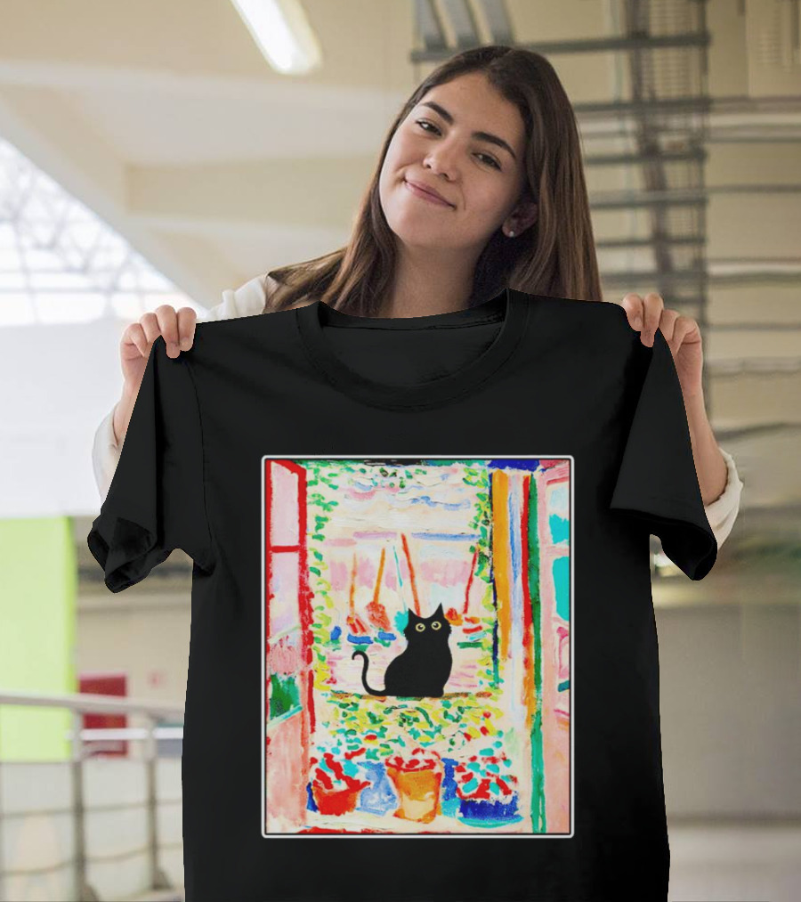 Black Cat in Vibrant Open Window Scene with Colorful T-Shirt