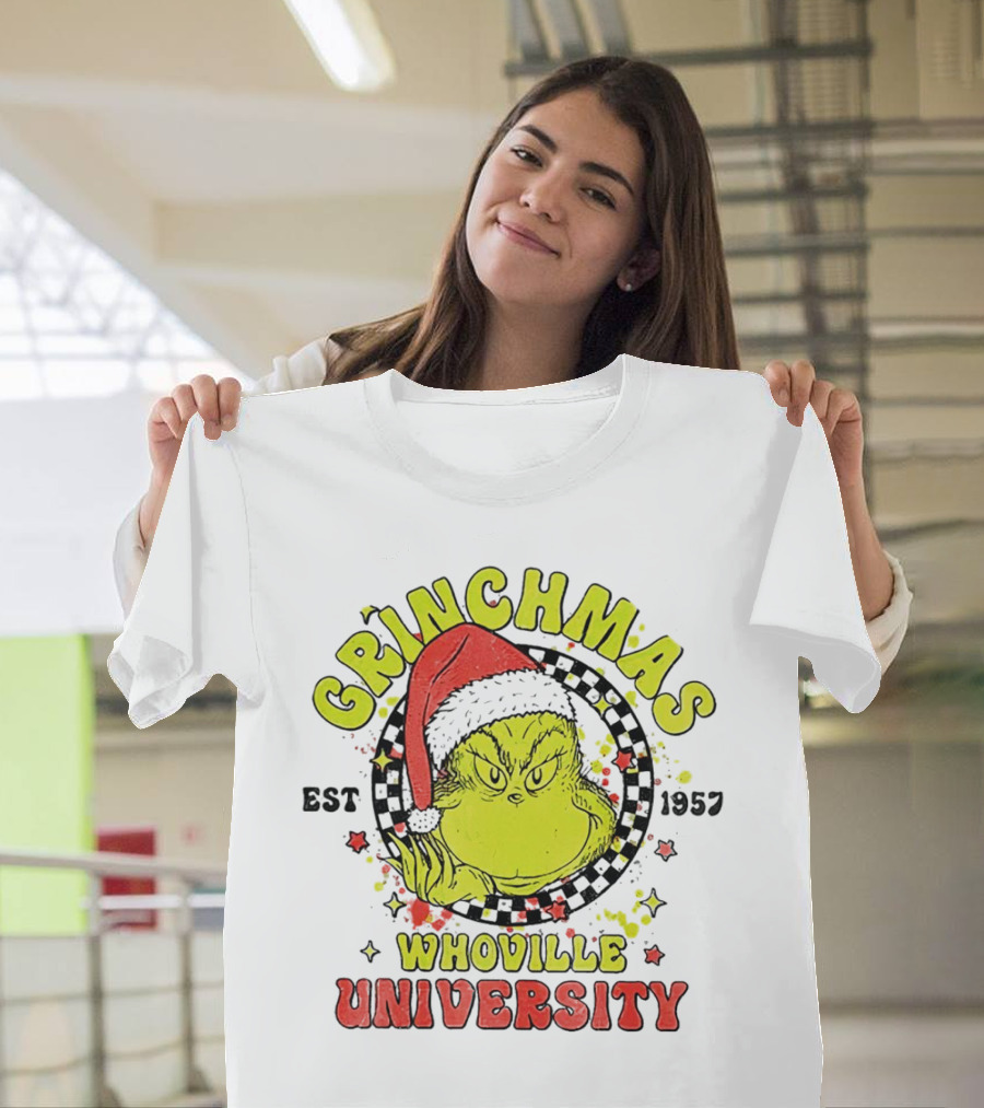 Grinchmas Whoville University Est 1957 Christmas Grinch Santa Hat T-Shirt