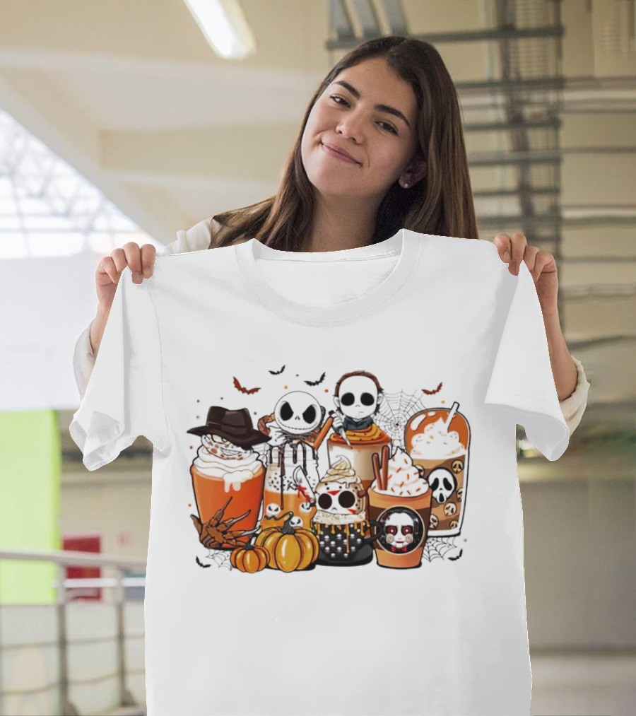 Halloween Cup Horror Funny Character Fall Pumpkin Latte Icons T-Shirt