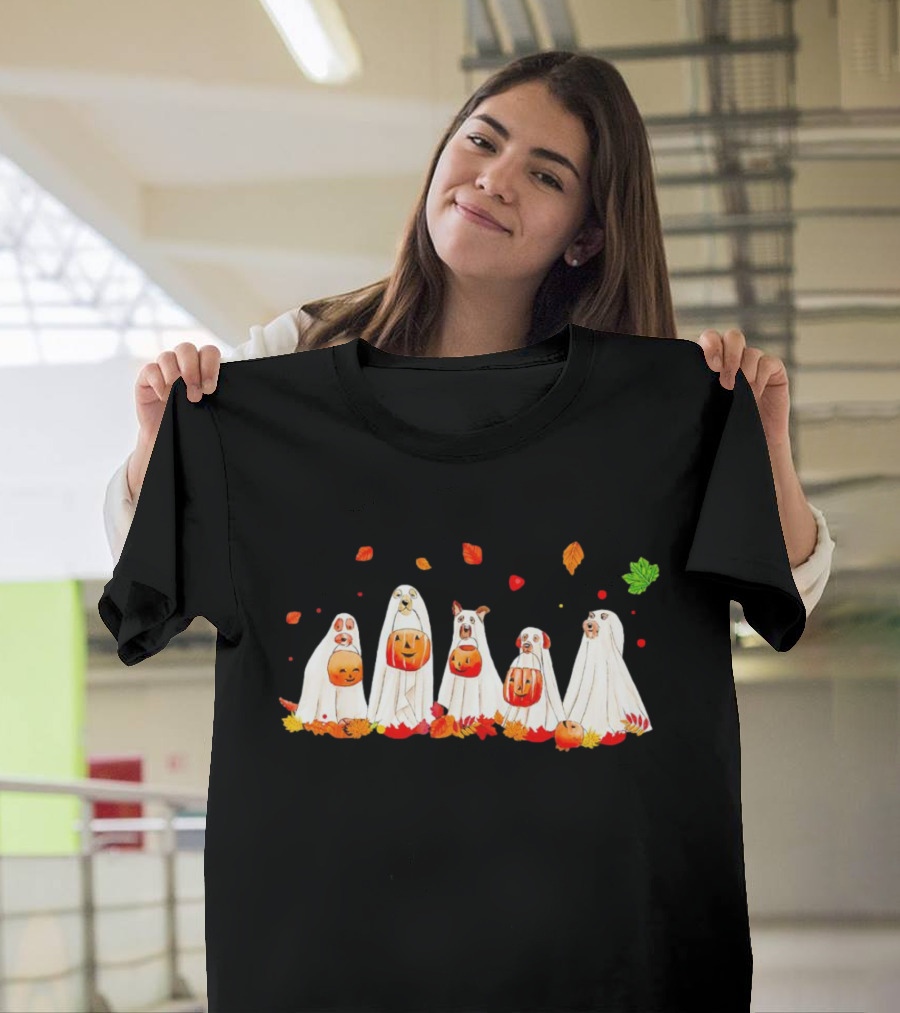 Ghost Dogs Halloween Pumpkin Party with Autumn Leaves T-Shirt