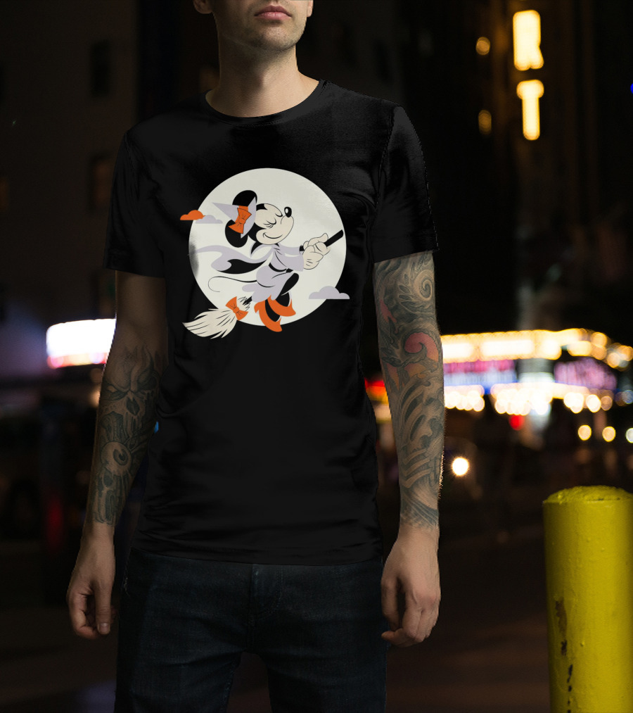 Minnie Mouse Witch Flying On Broomstick Halloween Full Moon T-Shirt