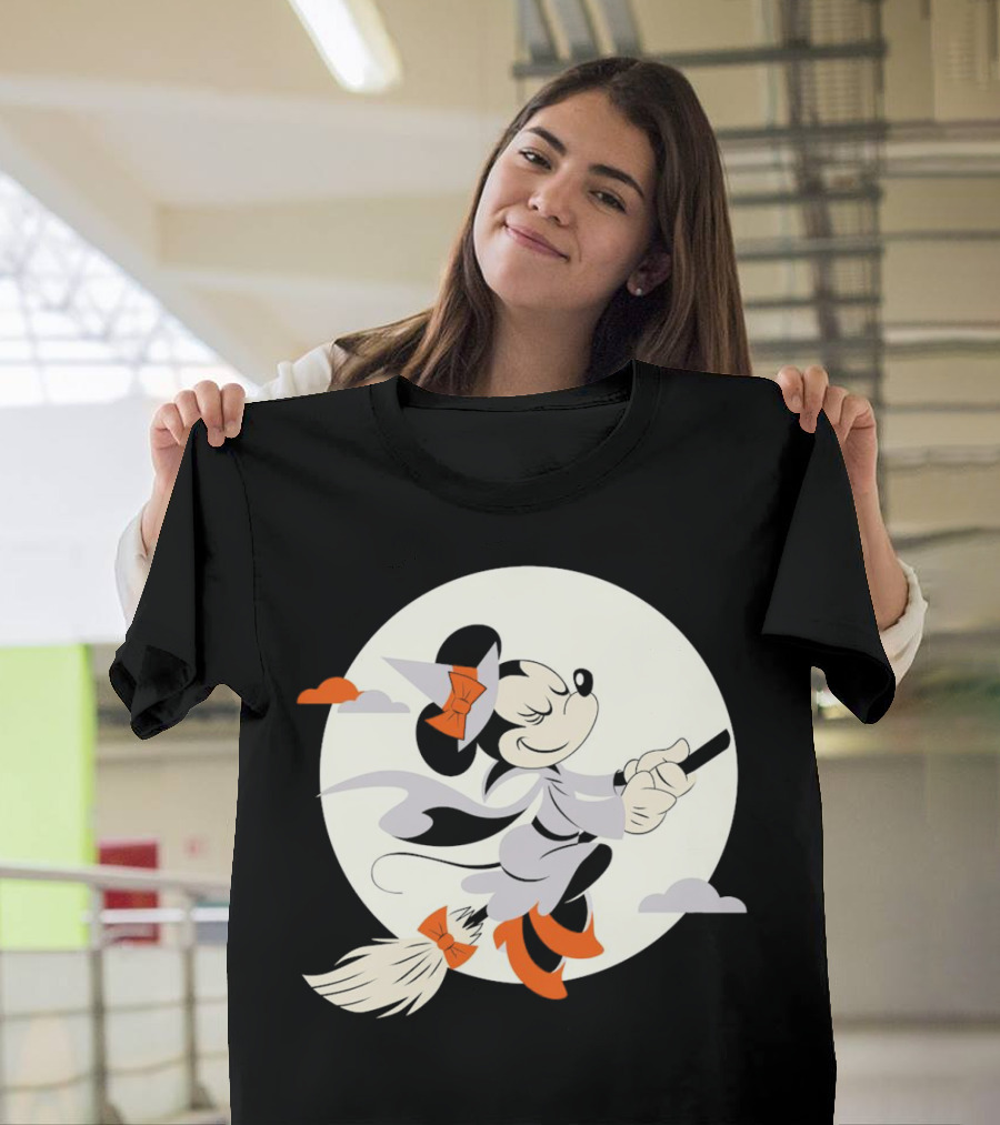 Minnie Mouse Witch Flying On Broomstick Halloween Full Moon T-Shirt