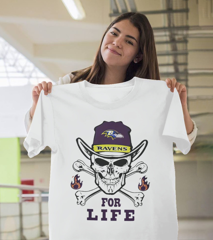 Baltimore Ravens Skull With Flames For Life T-Shirt