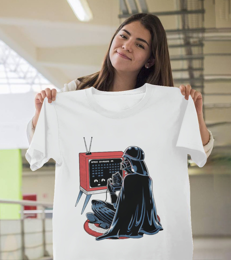 Nostalgic Darth Vader Playing Space Invaders on Retro TV T-Shirt