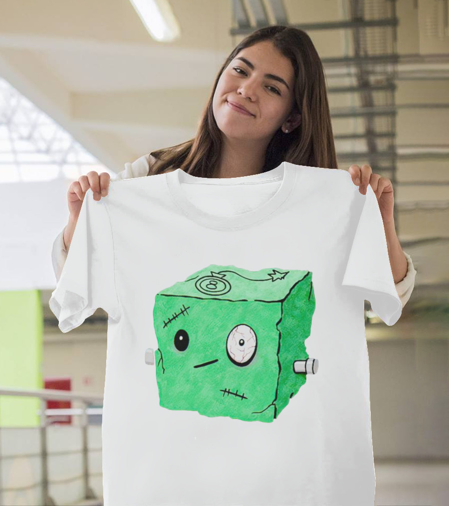 Franken Frankie Eight-Ball Cube Monster Stitched Green Block T-Shirt