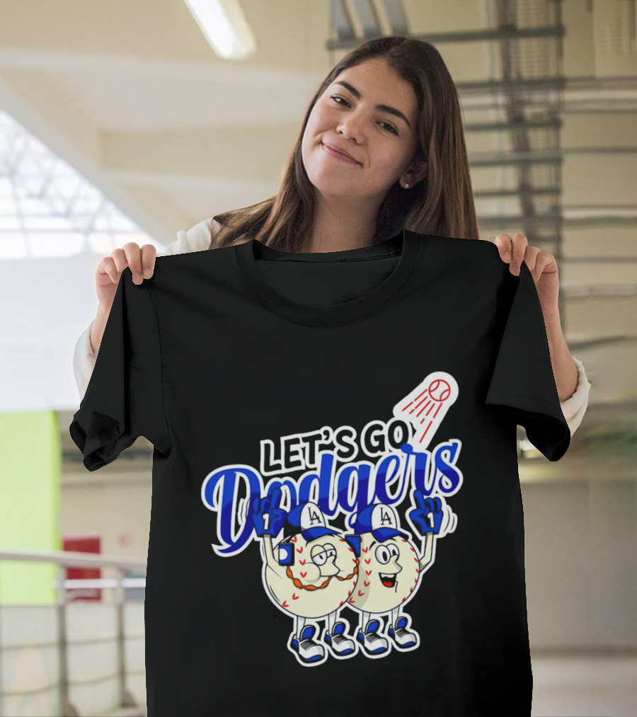Let's Go Dodgers Baseball with Cartoon Baseballs and Iconic Spotlight T-Shirt