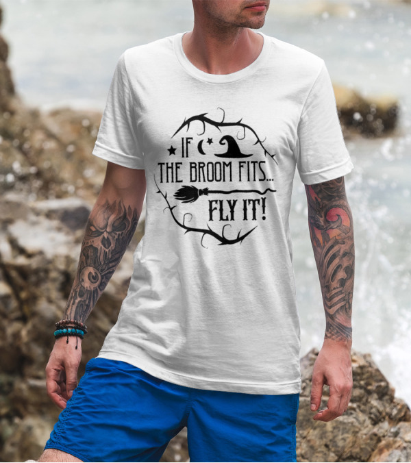 If The Broom Fits Fly It Witch Hat Moon Stars Thorns T-Shirt
