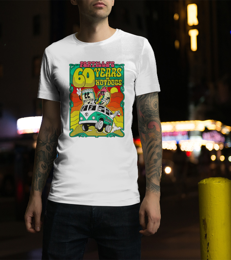 Portillo’s 60 Years Of Hotdogs Relish Relish Road Trip Cartoon Van Adventure T-Shirt