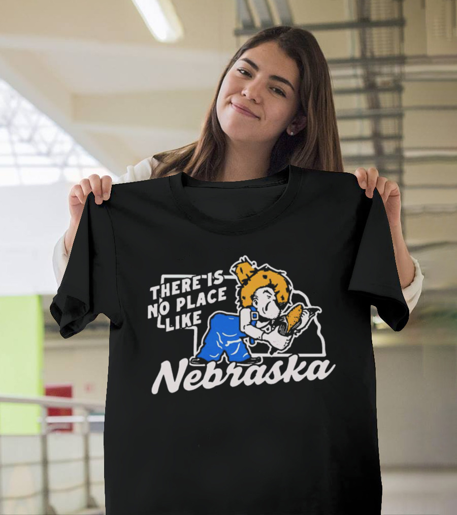 There Is No Place Like Nebraska Cornhuskers Farmer Mascot Eating Corn T-Shirt