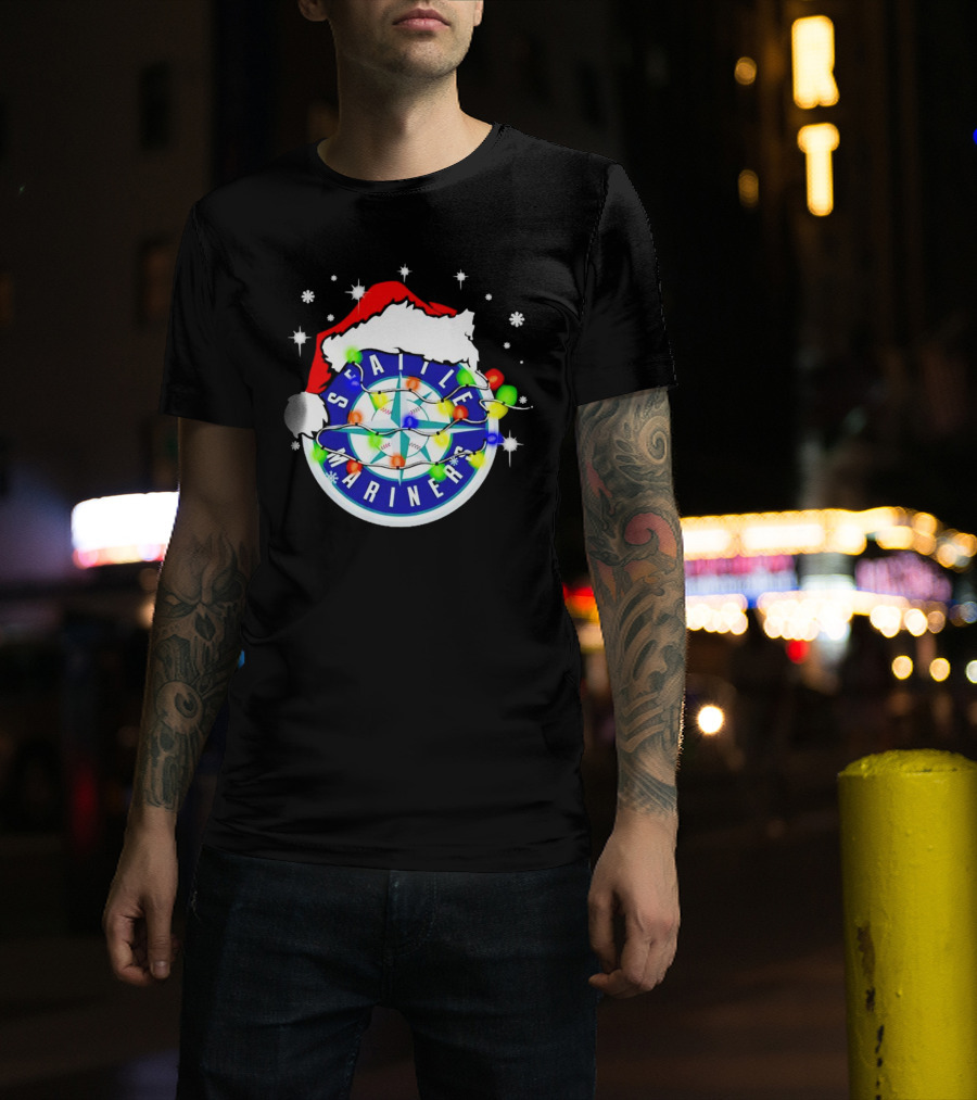 Santa Hat Seattle Mariners Christmas Lights Snowflakes T-Shirt