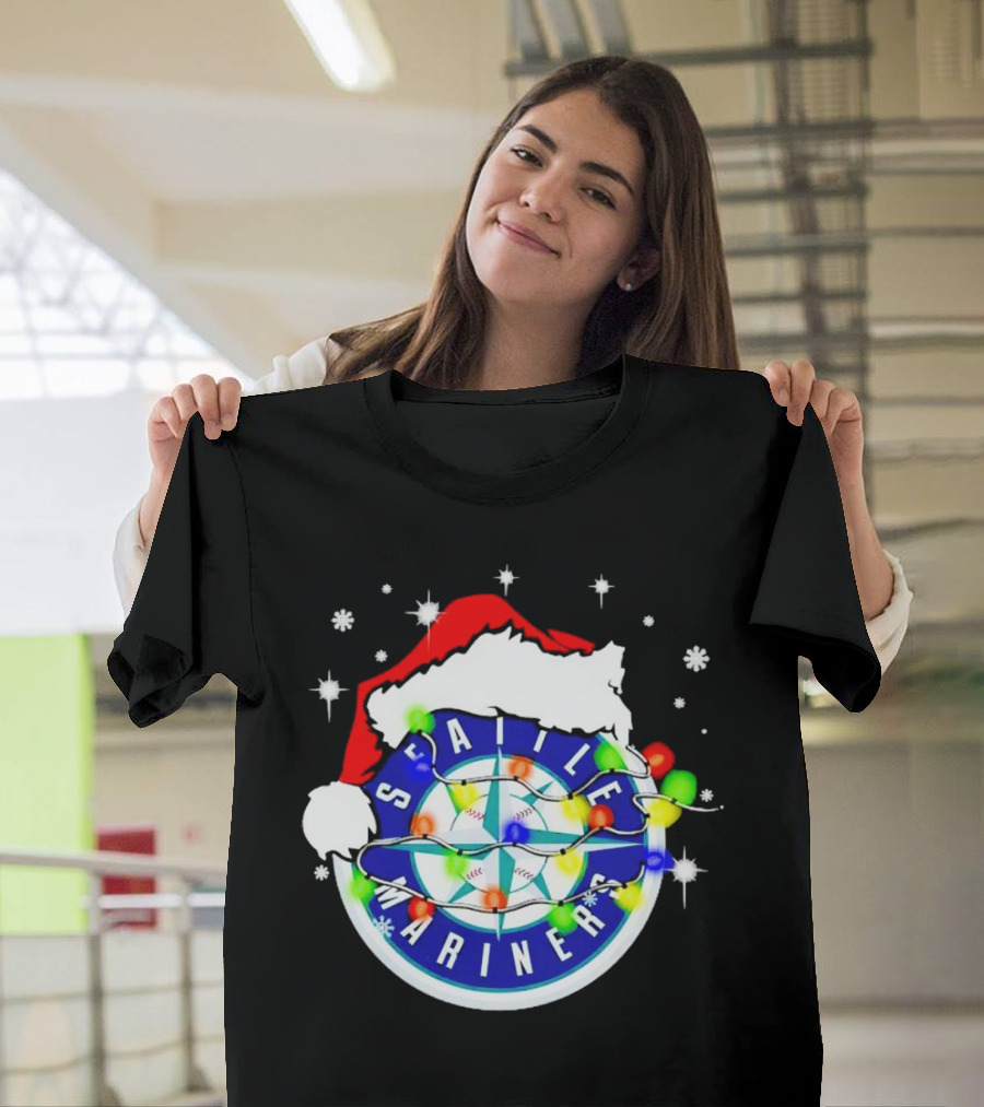 Santa Hat Seattle Mariners Christmas Lights Snowflakes T-Shirt