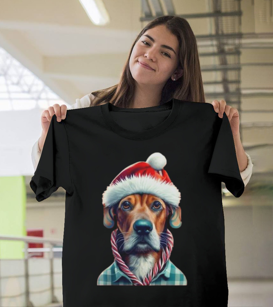 Dog in Santa Hat with Candy Cane Scarf Christmas T-Shirt