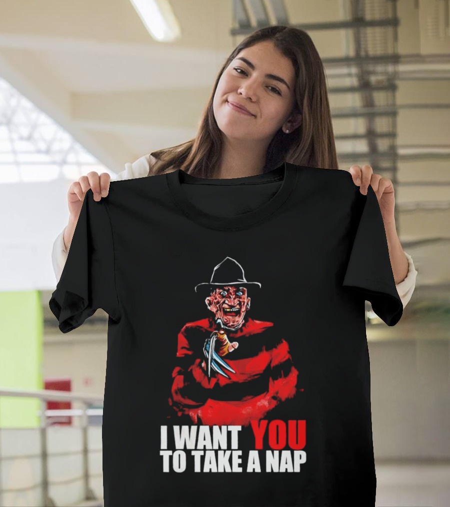 Freddy Krueger I Want You to Take a Nap Iconic Horror Character Visual with Claws T-Shirt