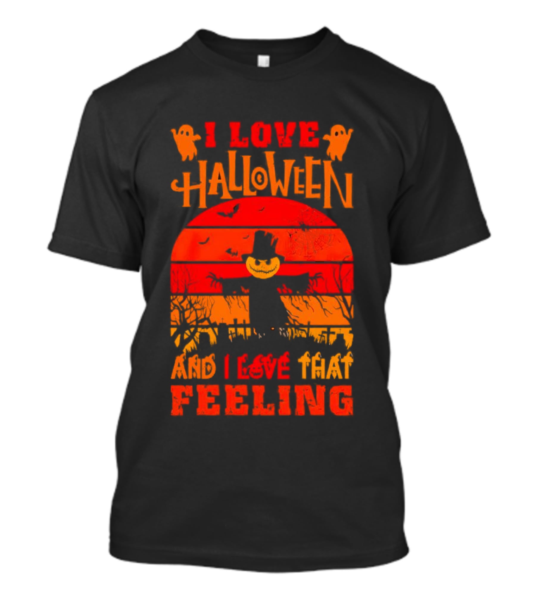 I Love Halloween I Love That Feeling Scarecrow Sunset Ghosts T-Shirt