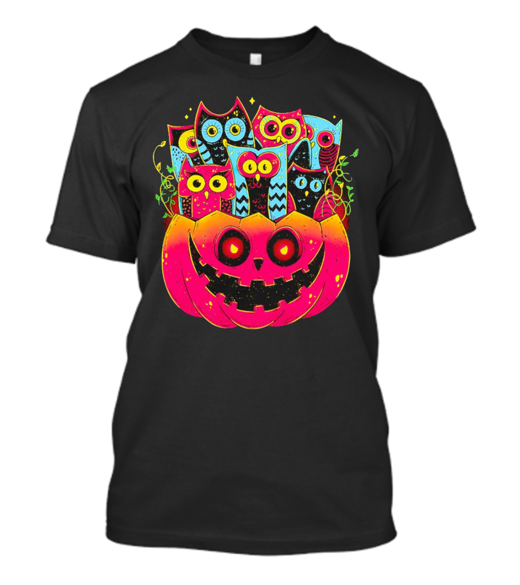 Neon Owls In Jack-o'-Lantern Halloween Party T-Shirt