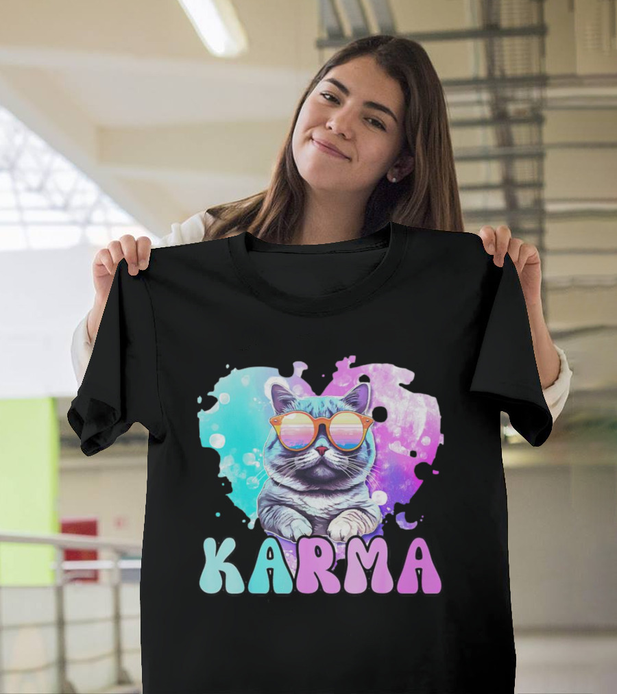 Karma Cat In Sunglasses With Heart-Shaped Watercolor Background T-Shirt