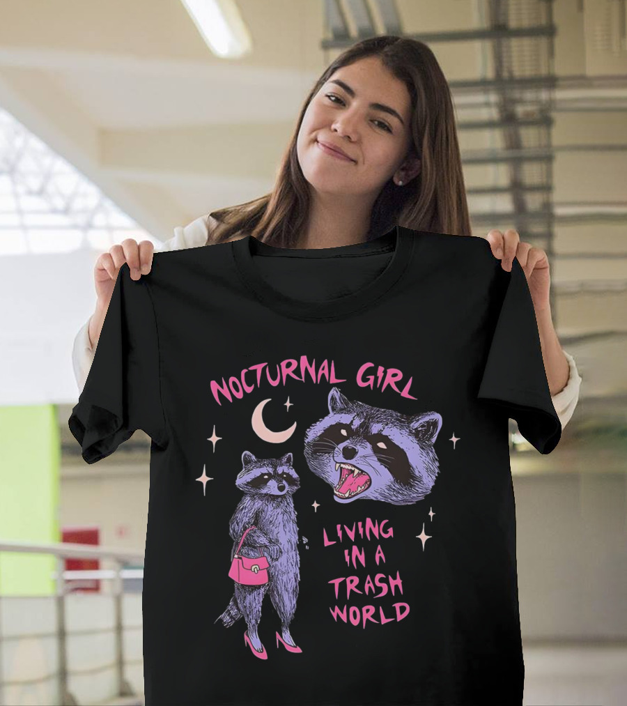 Nocturnal Girl Raccoon Living in a Trash World Under Moon and Stars T-Shirt
