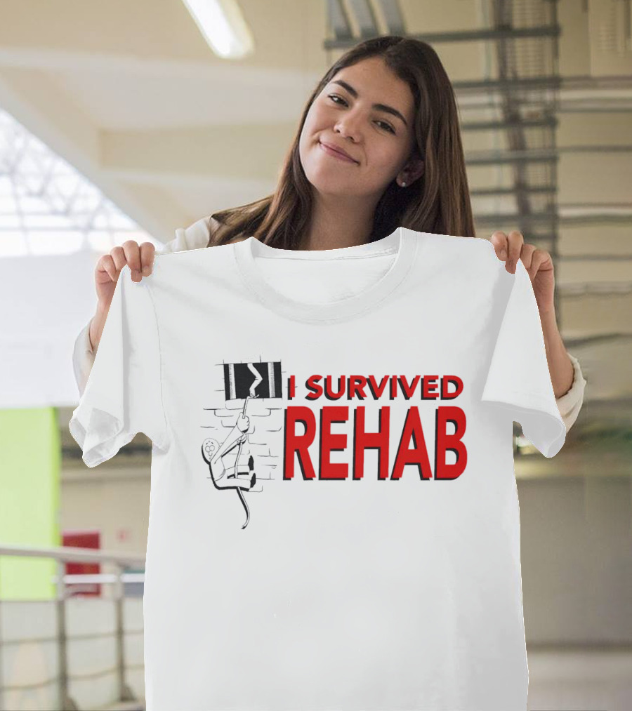 I Survived Rehab Red Text with Climbing Wall Background T-Shirt