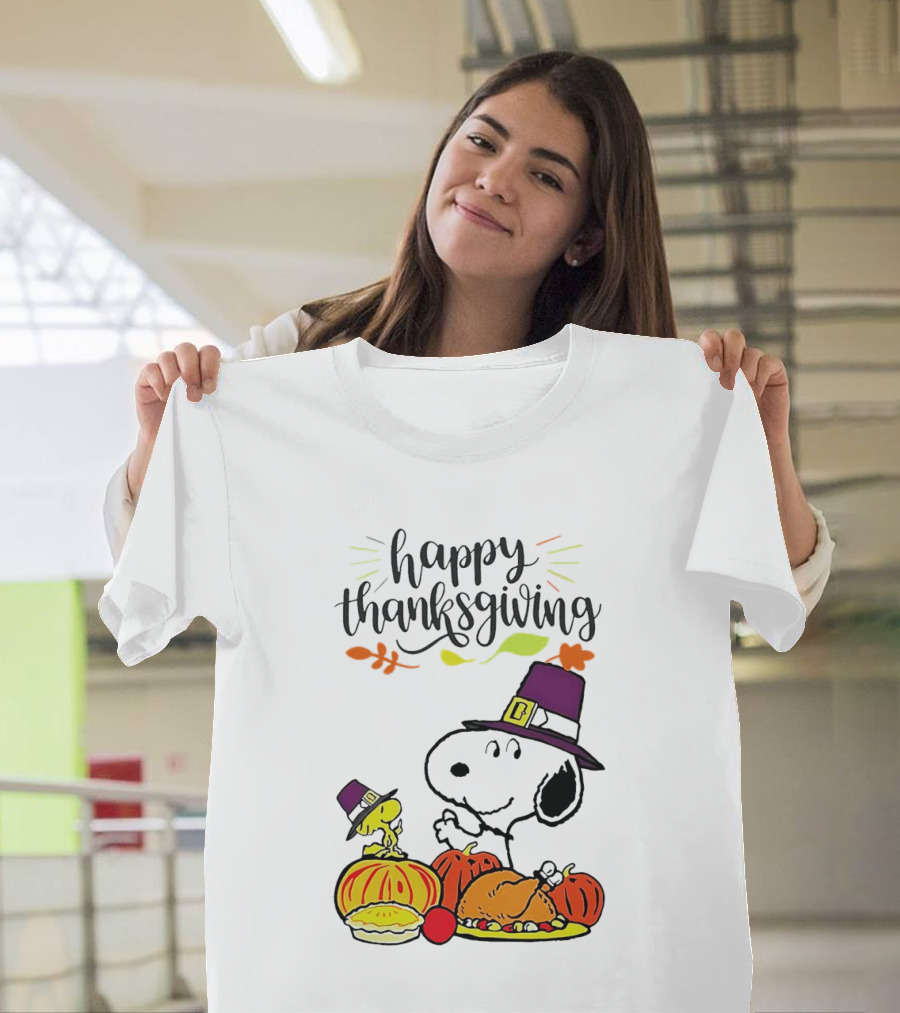 Thanksgiving Snoopy And Woodstock With Pilgrim Hats Feast T-Shirt